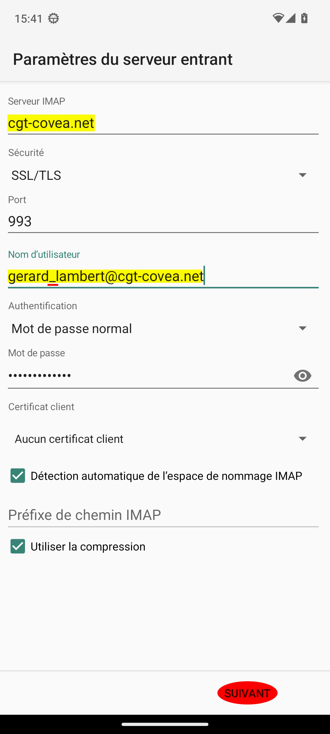 Paramètres du serveur entrant