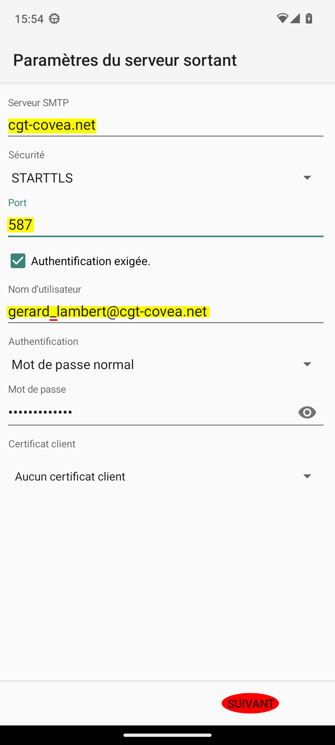Paramètres du serveur sortant